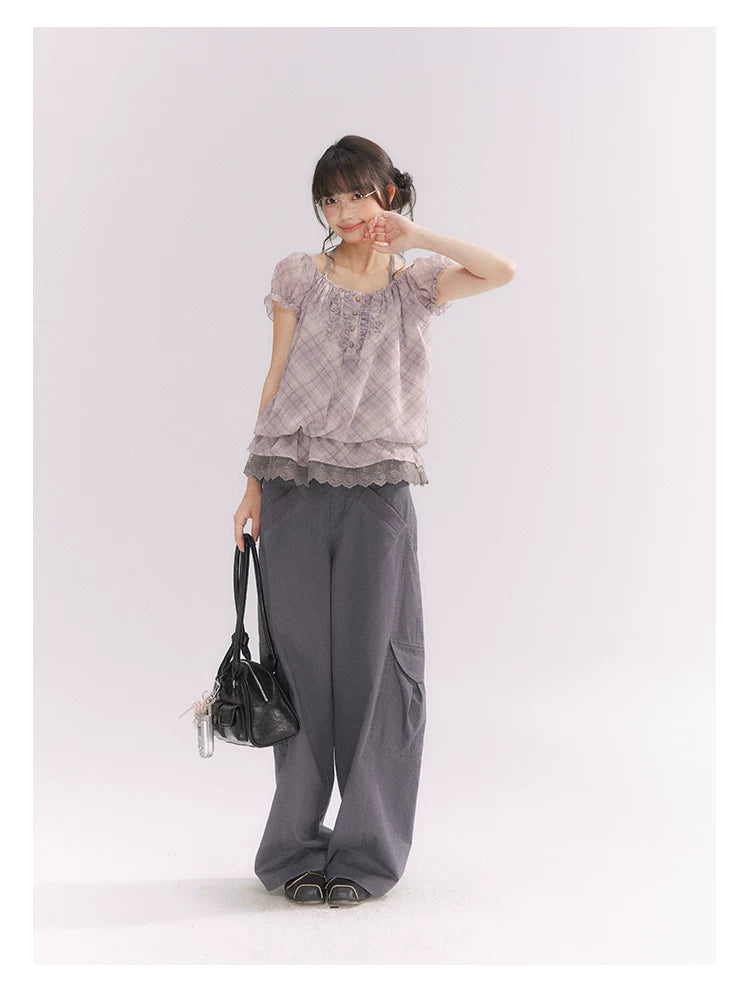 “Misty Plum Plaid” Gray-Purple Plaid Lace Trim Halter Top