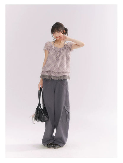 “Misty Plum Plaid” Gray-Purple Plaid Lace Trim Halter Top
