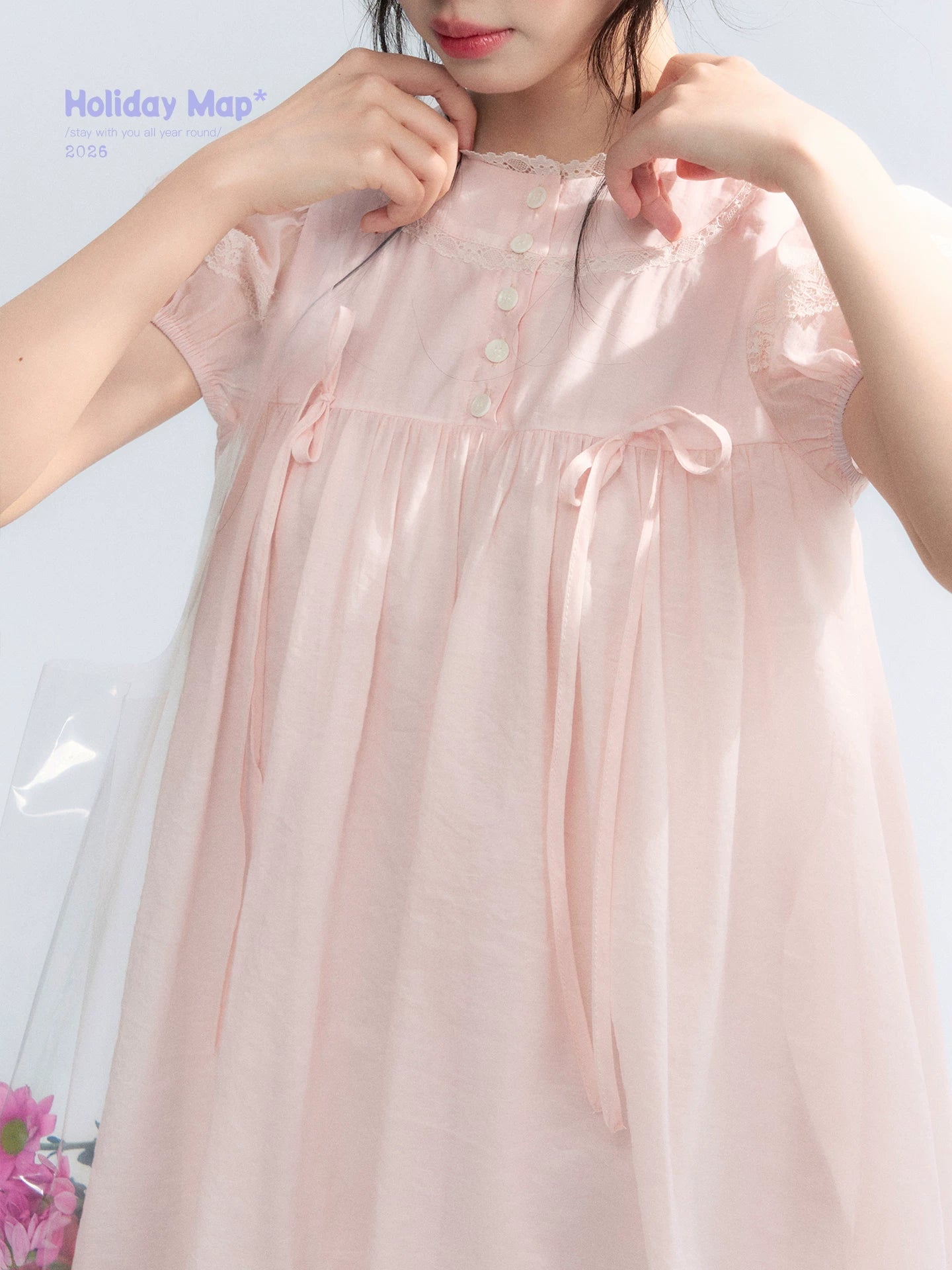 "Little Princess" Strawberry Pink Lace Bow Bubble Hem Midi Dress