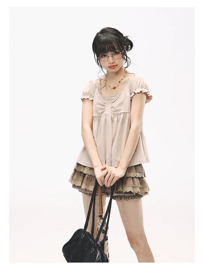 "Sweetheart Crew" Polka Dot Faux Two-Piece Bow Knit Short Sleeve Top