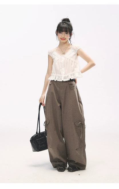 "French Meadow Romance" Ivory Lace Trim Halter Tie V-Neck Cotton Blouse