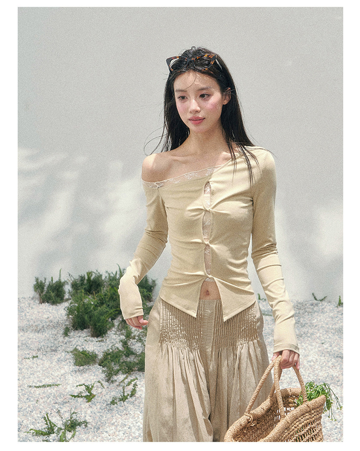 少也眼 “She Becomes Poetry in Motion” Layered One-Shoulder Lace Top - Toasted Rice Beige 78967896
