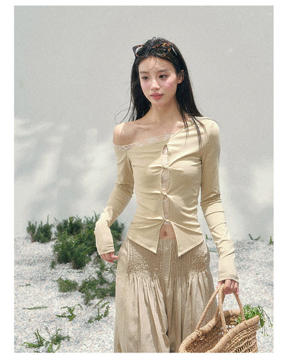 少也眼 “She Becomes Poetry in Motion” Layered One-Shoulder Lace Top - Toasted Rice Beige 78967896