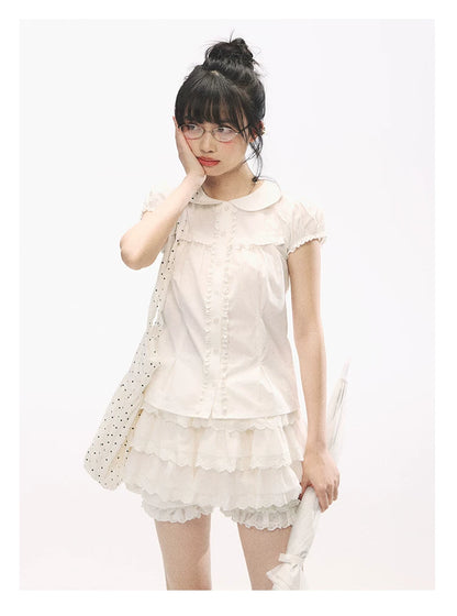 "Lace Soufflé" White Tiered Ruffle Bubble Skort