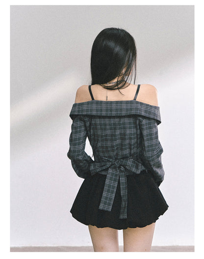 少也眼 "London Reveries" Off-Shoulder Plaid Sun-Proof Shirt - Charcoal Black