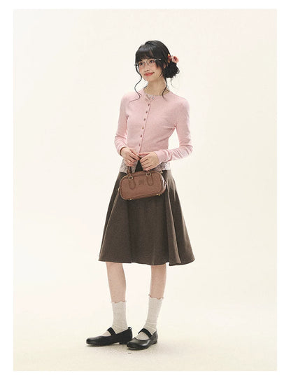 "Layered Blossom" Faux-Layer Knit Cardigan (Sakura Pink/ Heather Gray)