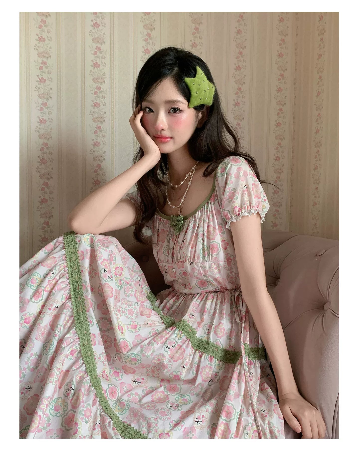 “Wildflower Green Grape” Pink Floral Tiered Dress