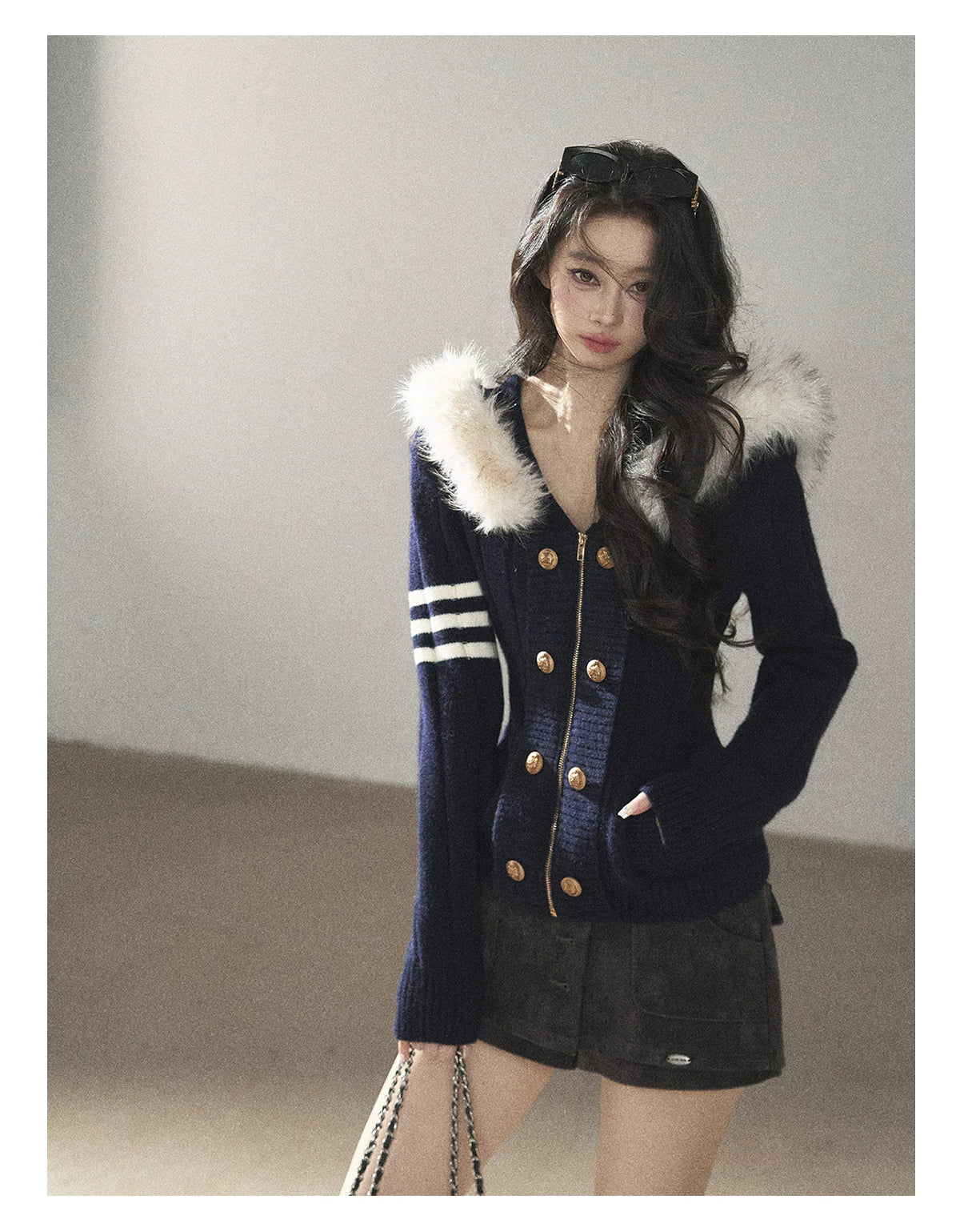 AOMALM - Blue Hooded Cable-Knit Sweater Jacket with White Stripes