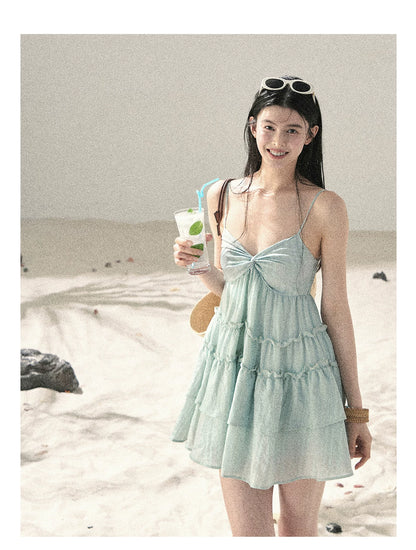 "Mossy Stone Steps" Primrose Green Tiered Cami Mini Dress