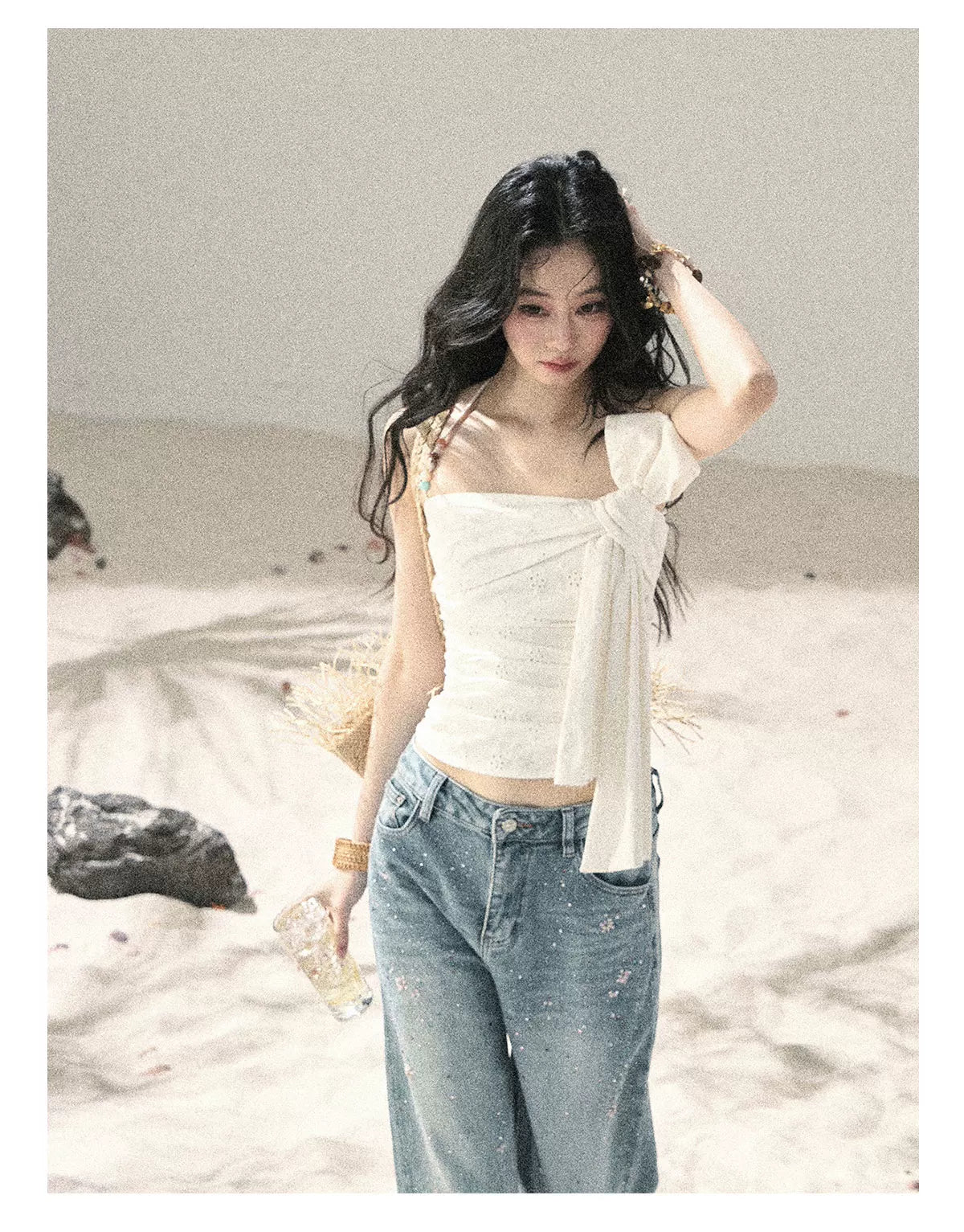"Starlit River Shimmer" Distant Sky Blue Rhinestone Wide-Leg Jeans 65633