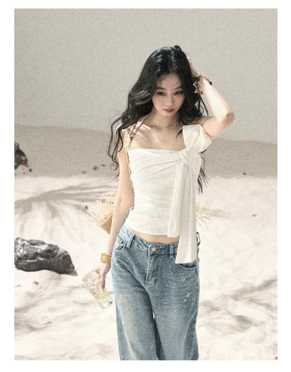 "Starlit River Shimmer" Distant Sky Blue Rhinestone Wide-Leg Jeans 65633