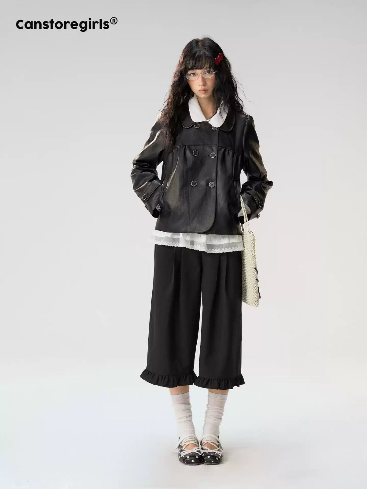 [CAN] "Midnight Sweetheart" Black Bow Pocket Doll Collar Faux Leather Jacket