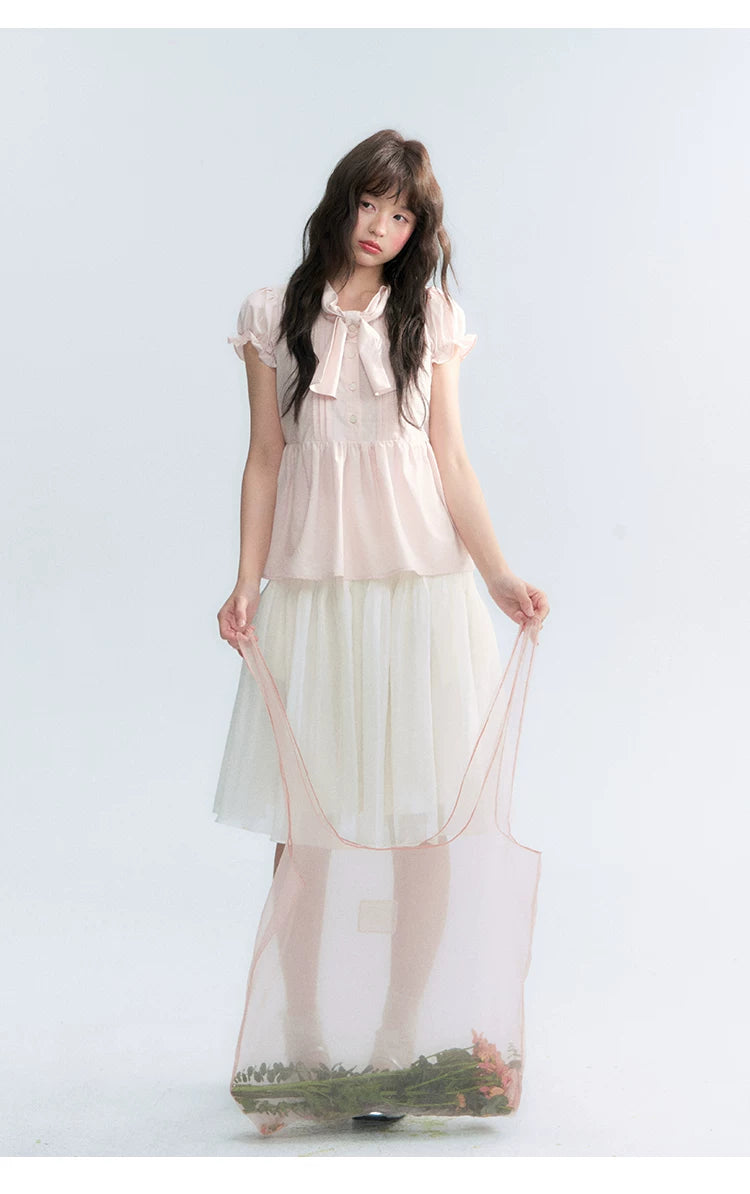 "Rosy Whisper" Dusty Pink Bow Embroidered Puff Sleeve Blouse