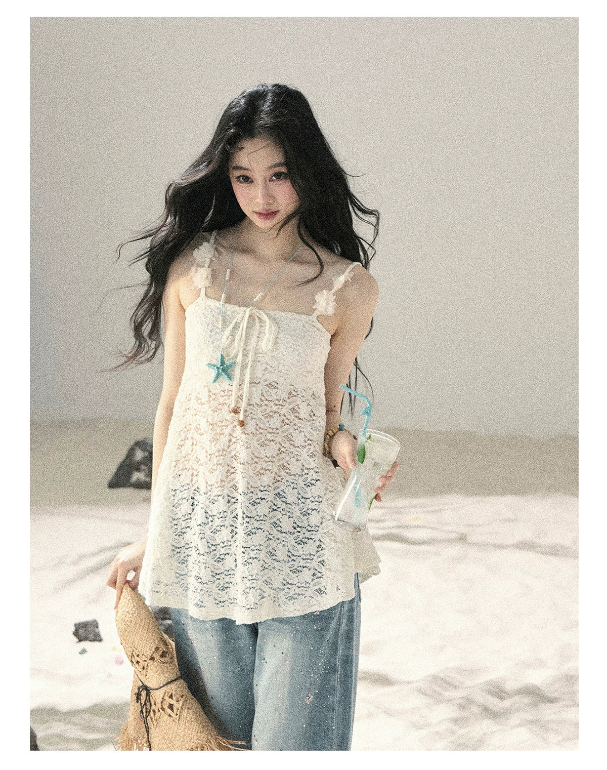 "Morning Mist" Frost White Lace Sheer Cami Top 65123