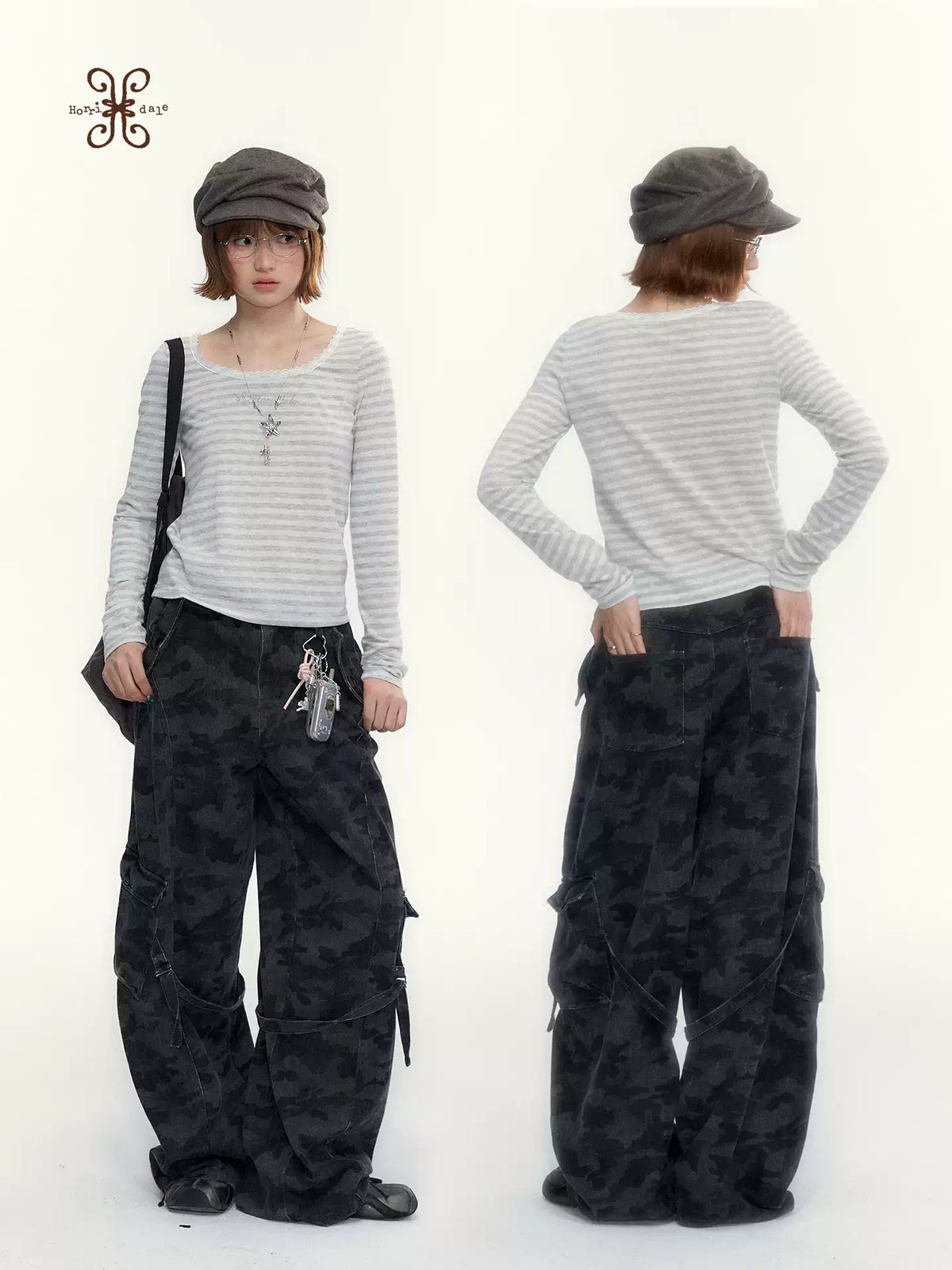 “Early Gray” Light Gray Striped Lace-Trimmed Fitted Long-Sleeve Top
