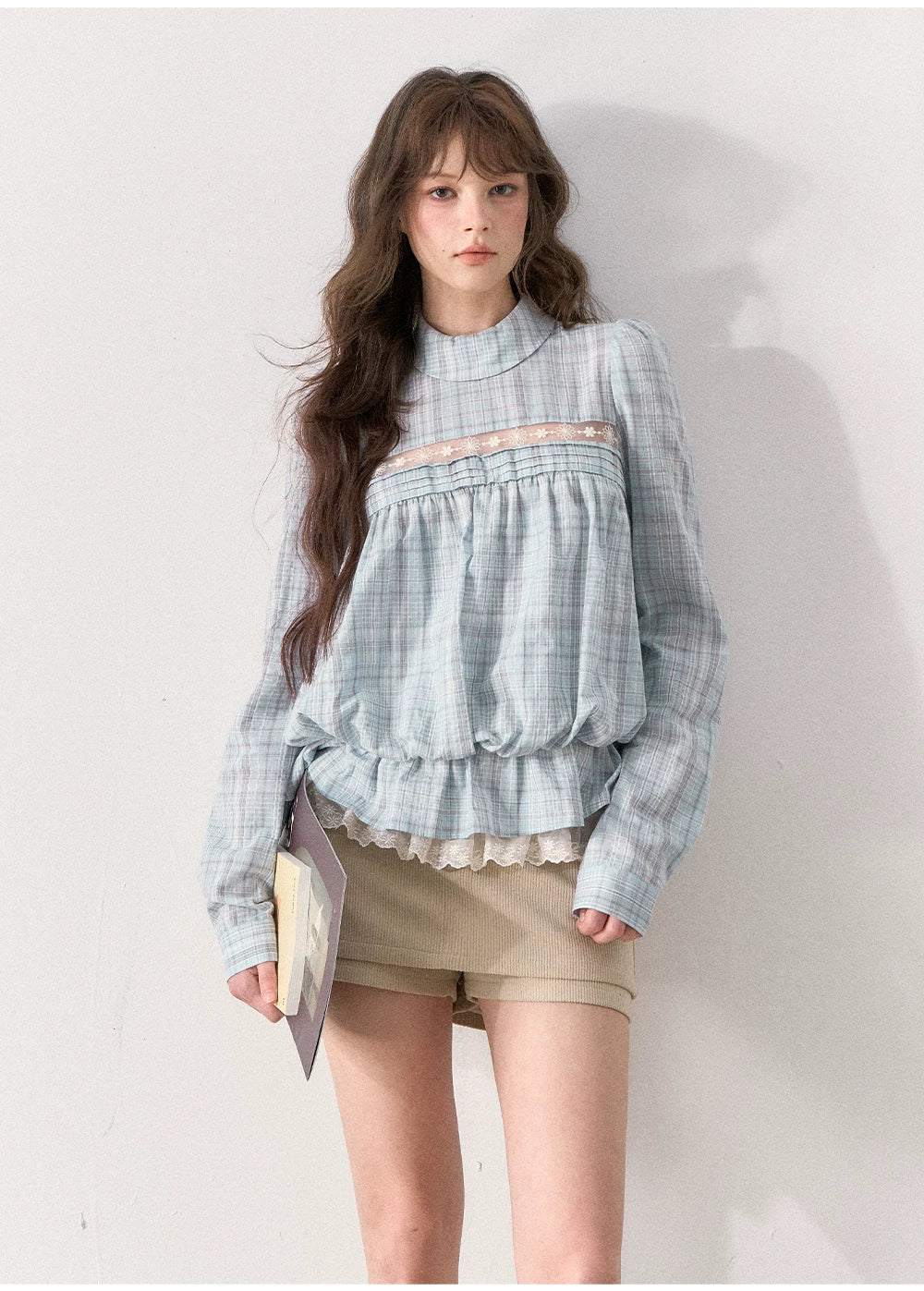 [TMMG] French Vintage Plaid Lace Ruffle Blouse (Blue Plaid)