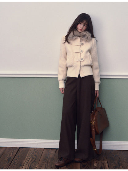 Soote Season - Cream White Wool-Blend Cropped Down Jacket with Faux Fur Doll Collar
