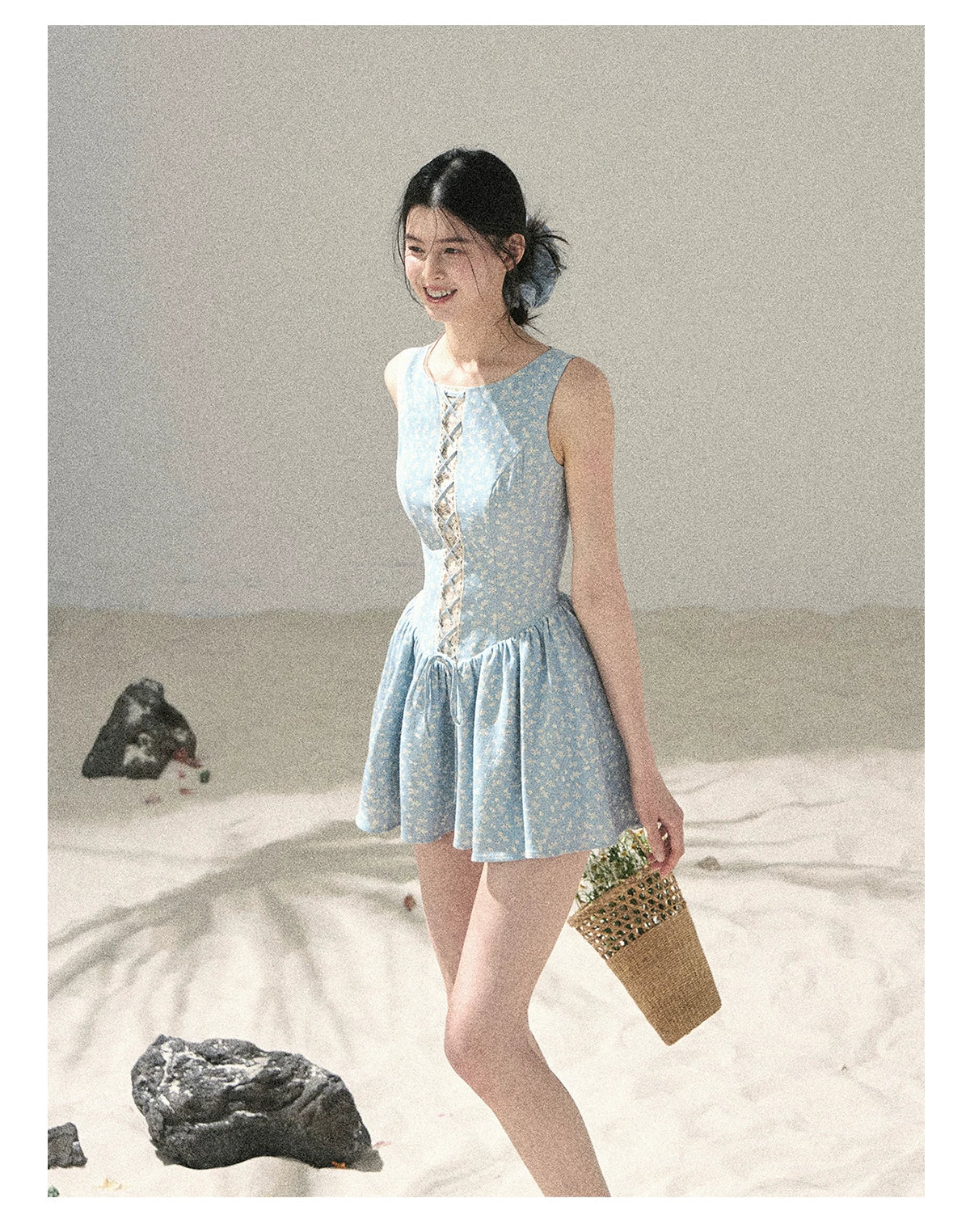 "Sage Summer" Haze Blue Lace Floral Puff Mini Dress