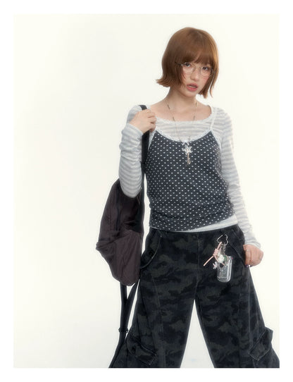 “Early Gray” Light Gray Striped Lace-Trimmed Fitted Long-Sleeve Top