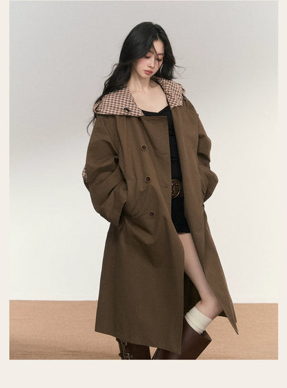 JN's DESIGN - Vintage Plaid Panel Hooded Trench Coat