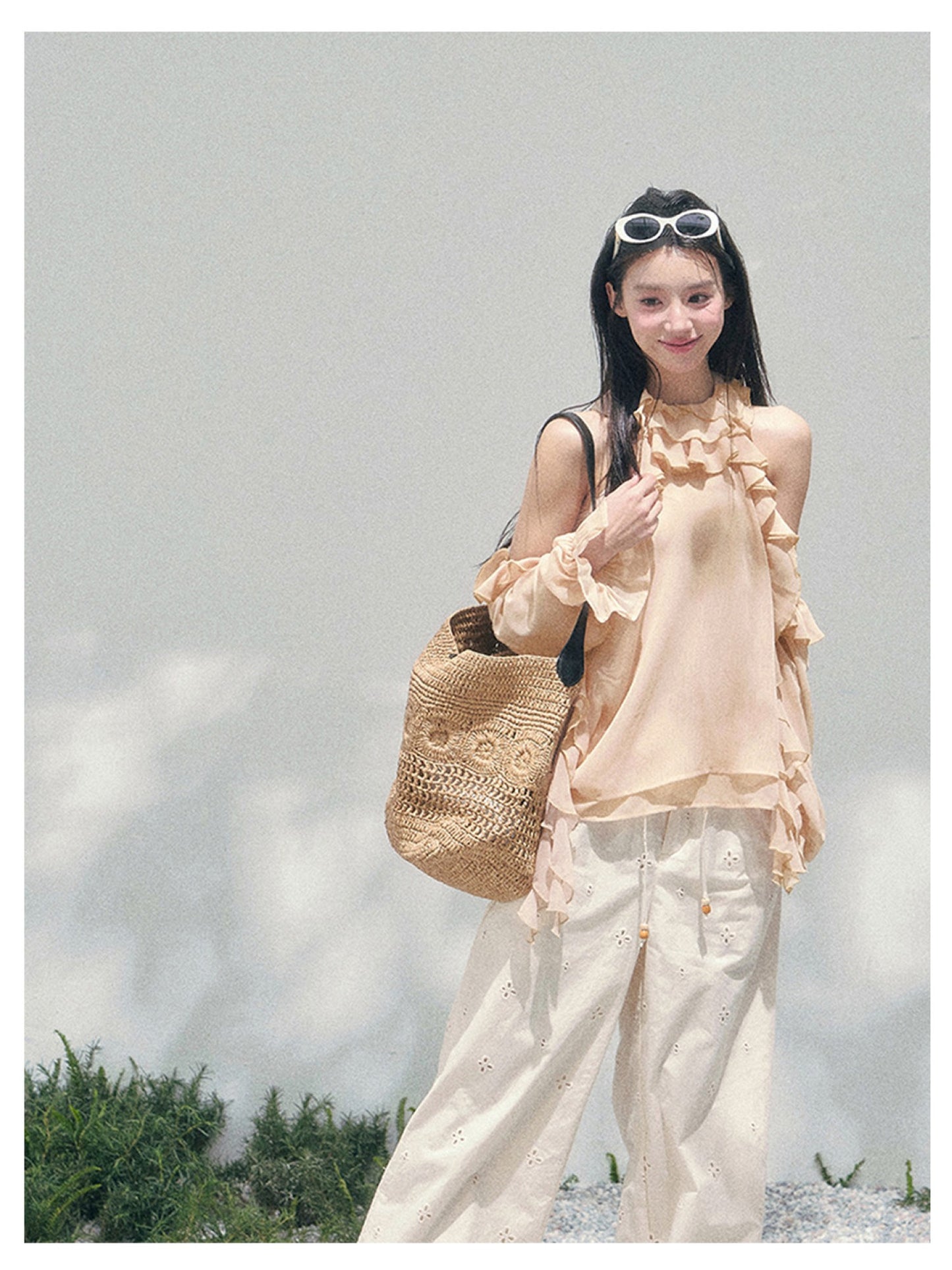少也眼 “Heidi Heiress” Light Sand Sheer Ruffle Top 142