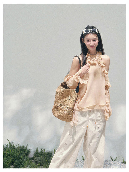 少也眼 “Heidi Heiress” Light Sand Sheer Ruffle Top 142