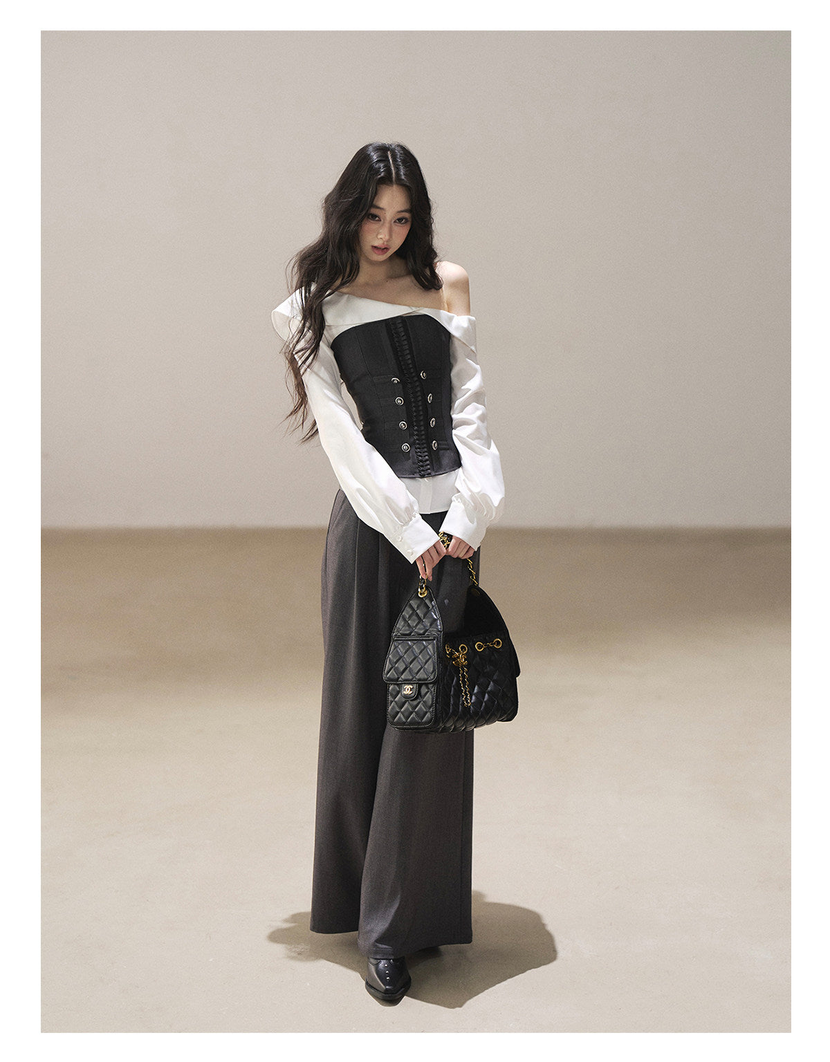 170726 "Where the Sea Breeze Finds Me" Deep Slate Bustier & Pure White Layered Shirt Set