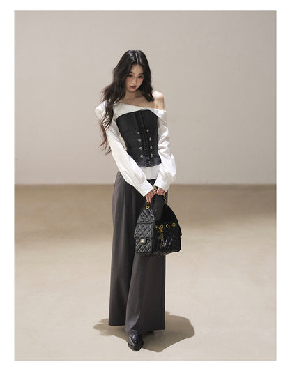 170726 "Where the Sea Breeze Finds Me" Deep Slate Bustier & Pure White Layered Shirt Set