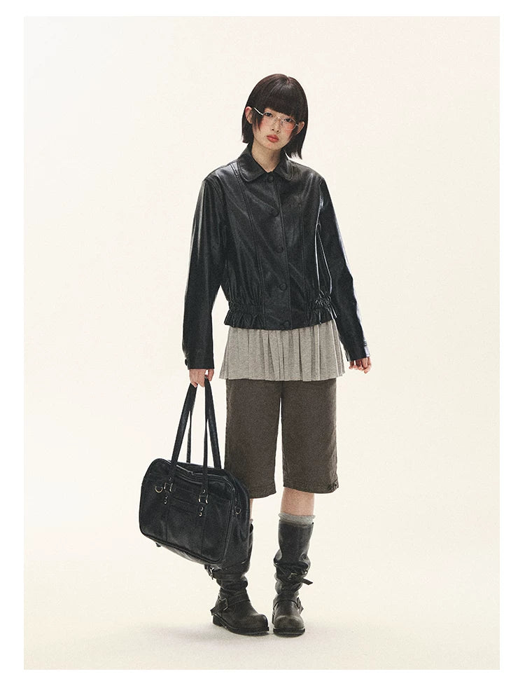 "Venus Gallery" Black Ruffle Collar Cropped Faux Leather Jacket