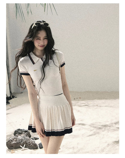 "Moonlight in Pieces" Cloud White Ribbed Knit Top & Pleated Mini Skirt Two-Piece Set