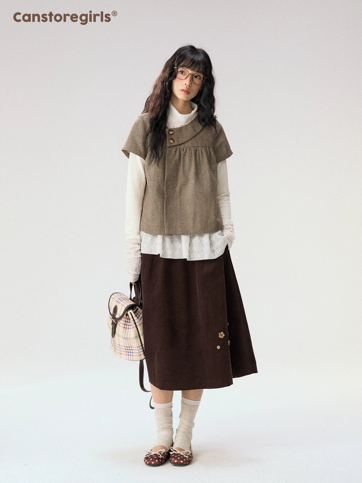 [CAN] “Autumn Plaid Letter” Brown Houndstooth Asymmetric Collar Top