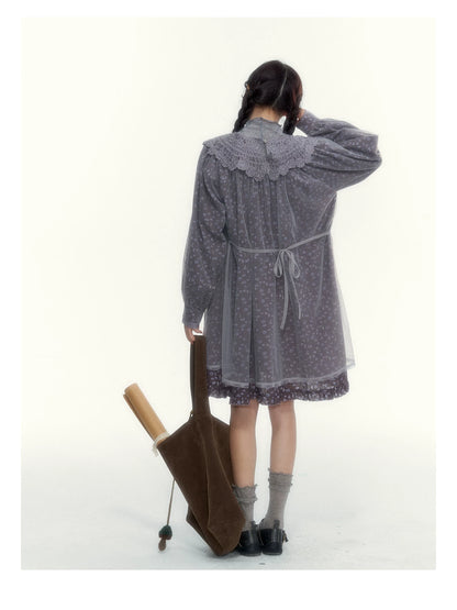 “Everyday Mist” Jacquard Lace Layering Top ( Ivory / Fog Gray )
