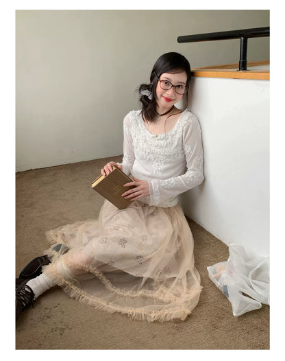 [RF] “Pearl Mist Reverie” White Lace-Trim Sheer Mesh Long-Sleeve Top