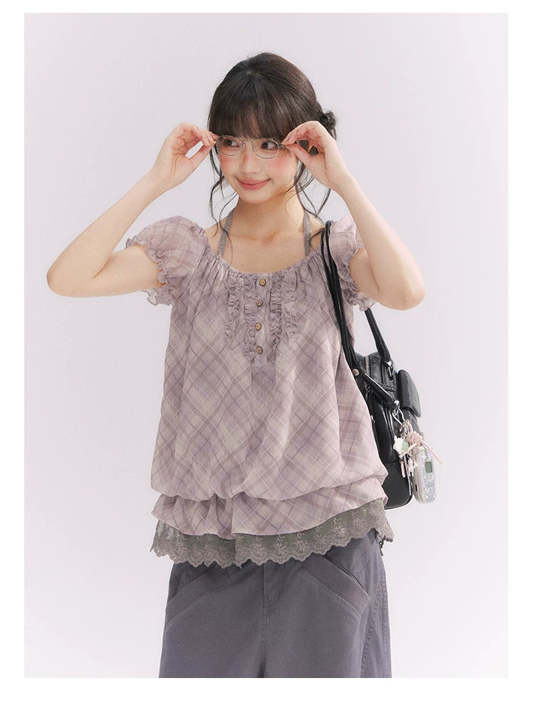 “Misty Plum Plaid” Gray-Purple Plaid Lace Trim Halter Top