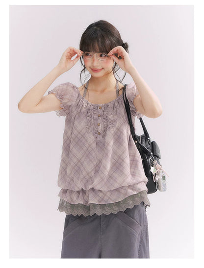 “Misty Plum Plaid” Gray-Purple Plaid Lace Trim Halter Top