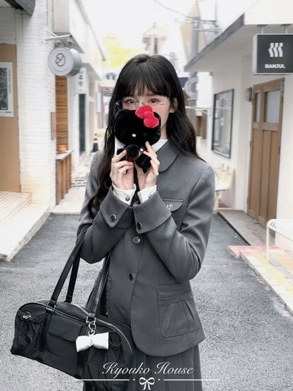 "Grey Finch" Gray Korean Preppy Suit Collection (Blazer / T-Shirt / Box Pleated Skirt)