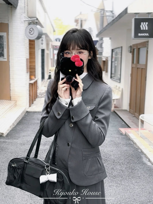 "Grey Finch" Gray Korean Preppy Suit Collection (Blazer / T-Shirt / Box Pleated Skirt)