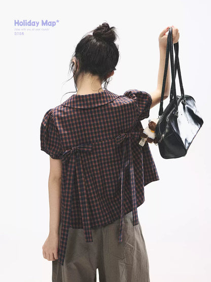 "Retro Plaid Sweetheart" Navy Orange Check Cotton Peter Pan Collar Blouse