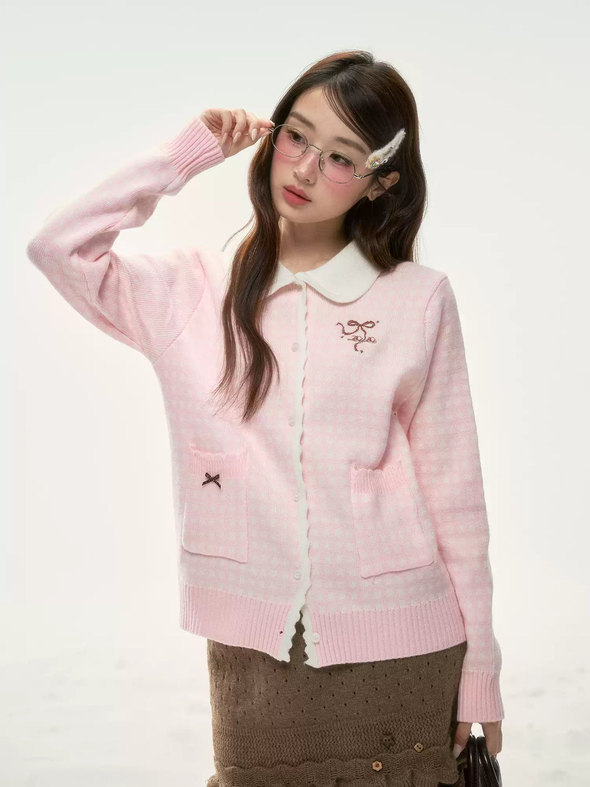 BIBIBENCY - Pink Plaid Bow Knit Sweater