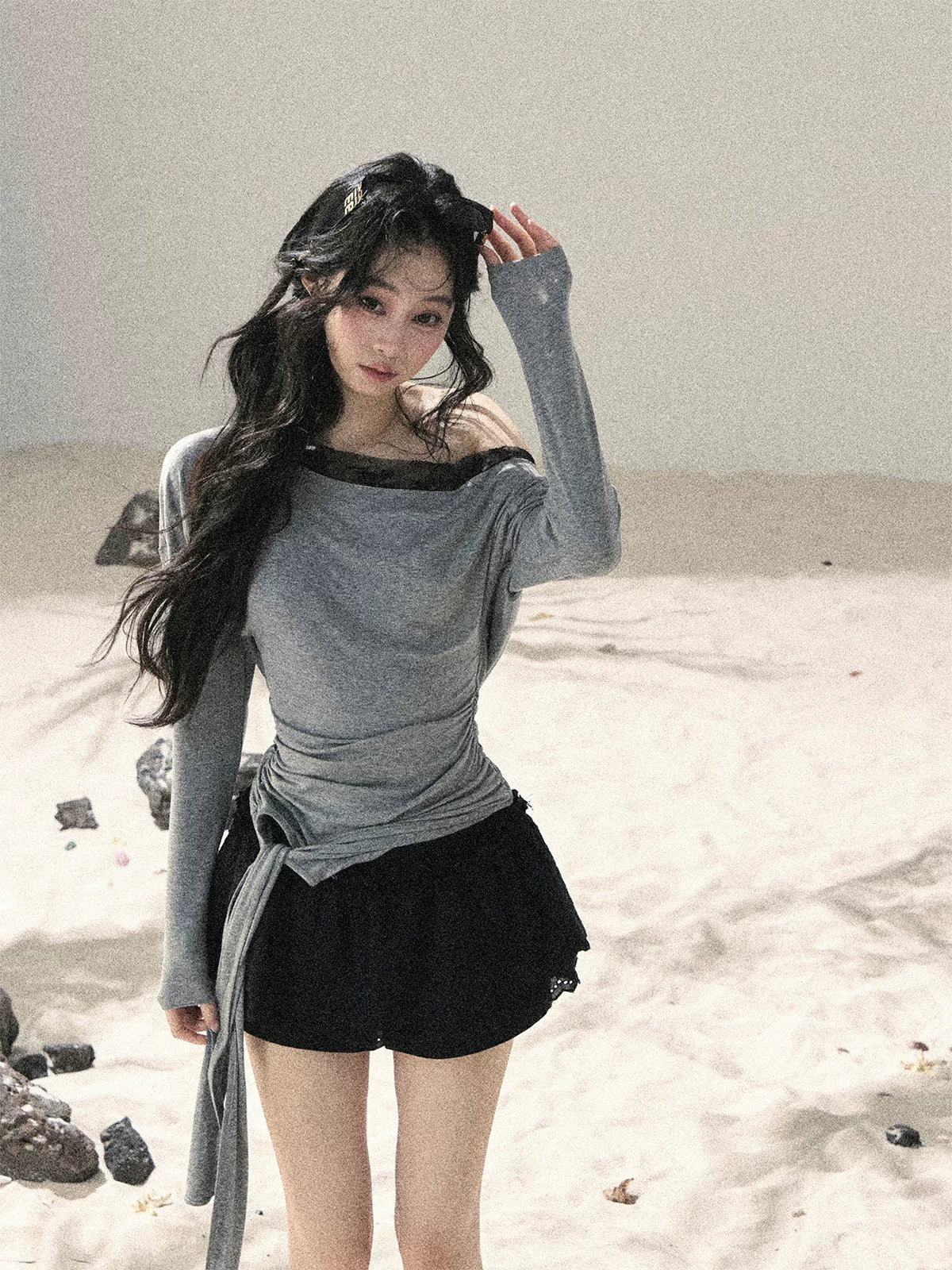 "Free Spirit" Moon Mist Gray Faux-Layer One-Shoulder Lace Top