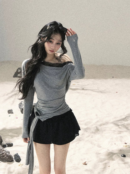 "Free Spirit" Moon Mist Gray Faux-Layer One-Shoulder Lace Top