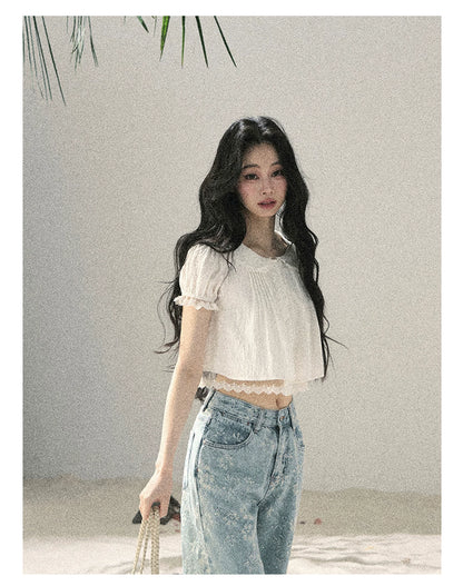 "Speechless Moonlight" Cloud White Lace Puff Sleeve Crop Top 74555