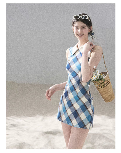"Sunset by the Shore" Vintage Blue Plaid Polo Mini Dress 358648564