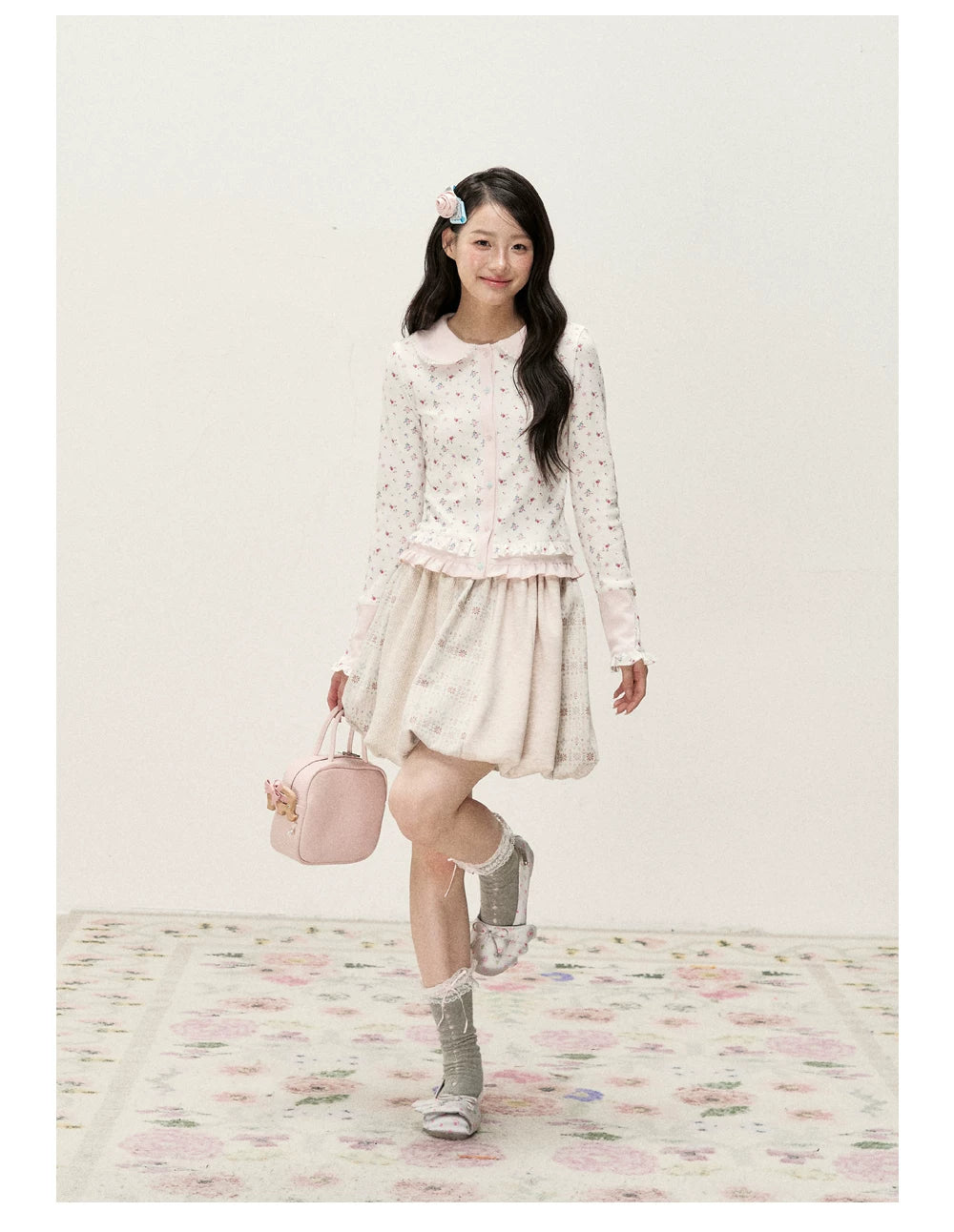 [RF] Vintage Floral Patchwork Knit Bubble Skirt in Blush Pink