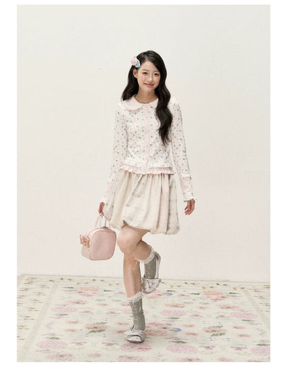 [RF] Vintage Floral Patchwork Knit Bubble Skirt in Blush Pink