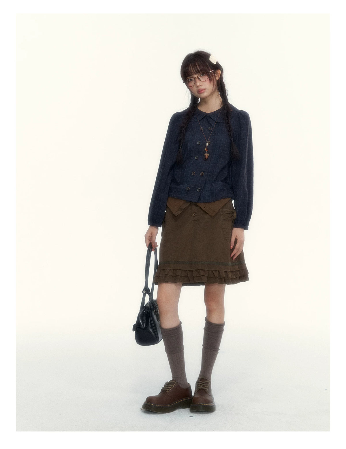 “Wild Caramel” Brown Washed Layered Ruffle Bow Pocket A-Line Skirt