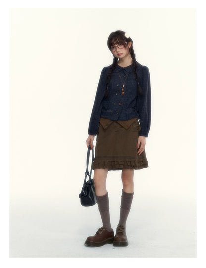 “Wild Caramel” Brown Washed Layered Ruffle Bow Pocket A-Line Skirt