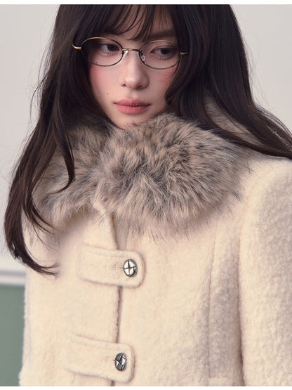 Soote Season - Cream White Wool-Blend Cropped Down Jacket with Faux Fur Doll Collar