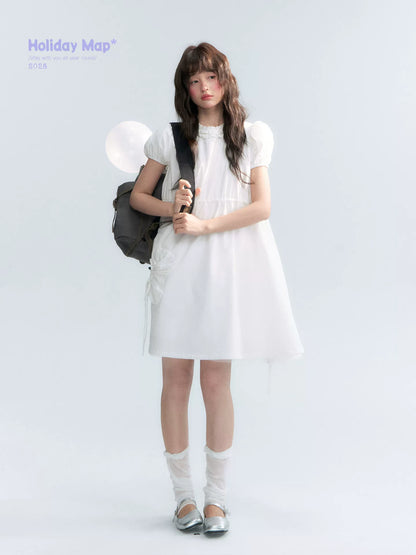 "Puff Doll Dress" Ruffle Trim Puff Sleeve Cotton A-Line Dress (White/ Black)