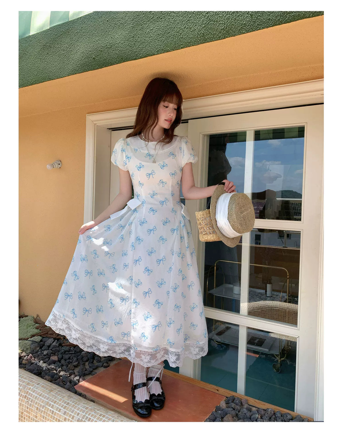 [RF] “Blue Butterfly Letter” Light Blue Floral Bow Midi Dress